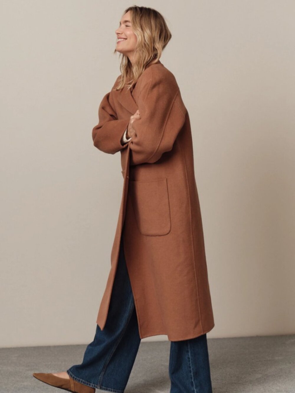 Marine Layer Camel Single-Breasted Long Coat - Picture 2 of 6